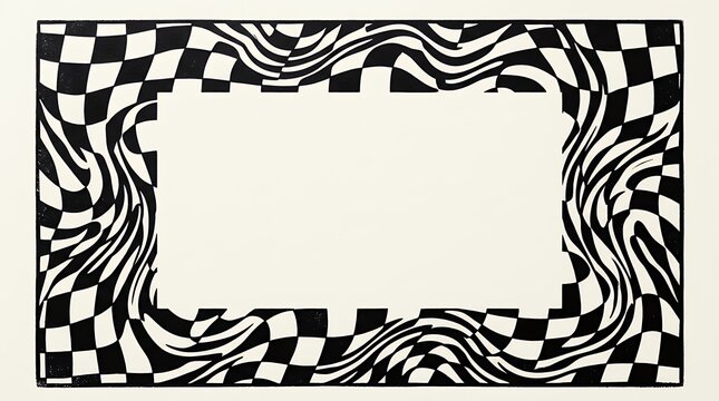 Modern Abstract Geometric Border Pattern Checkered Design With Ripple Curved Contours Trendy distorted chessboard template featuring flowing lines and a contrasting block print style layout for
