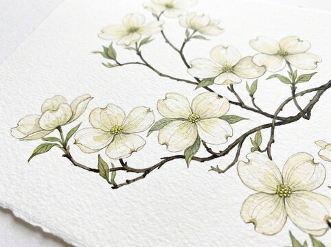 Delicate Dogwood Blossoms on Textured Paper - Watercolor Painting