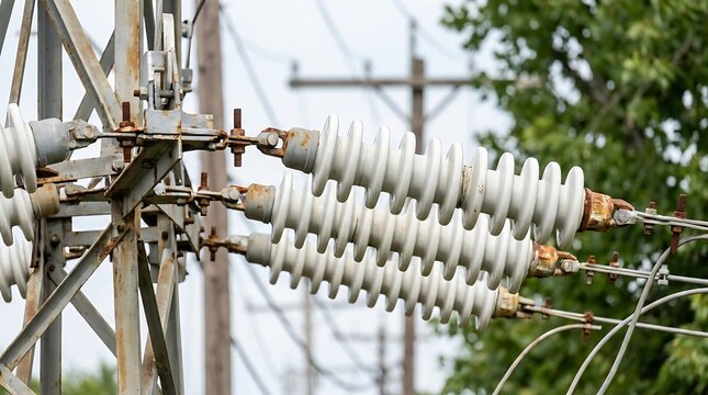 Close-up of ceramic electrical insulators on power line
