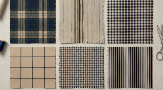 Refined tan and navy recurring motif assortment featuring tartan linear and checked weaves. Classy material backdrops suitable for apparel textiles wall coverings gift wrap and interior styling 