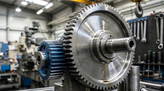 Close-up of industrial metal gears in a workshop machinery