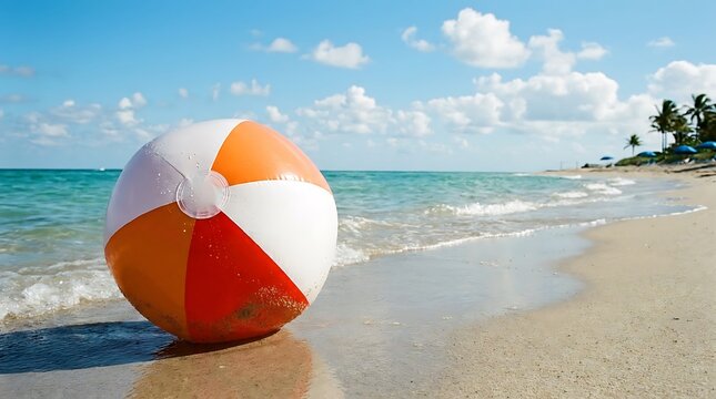 Colorful beach ball on sandy shore with ocean waves