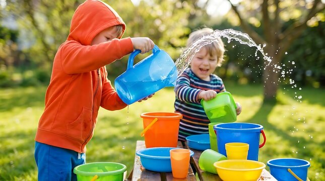 Children playing with water and colorful buckets outdoors