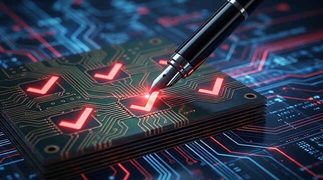 Circuit board with glowing red checkmarks and stylus