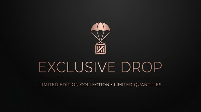Exclusive drop branding showcases a minimalist parachute and crate icon on a clean dark background to advertise high-end limited edition product releases.