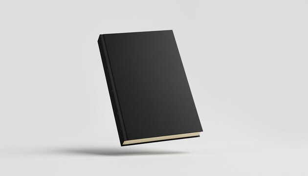 Black notebook on white background floating.