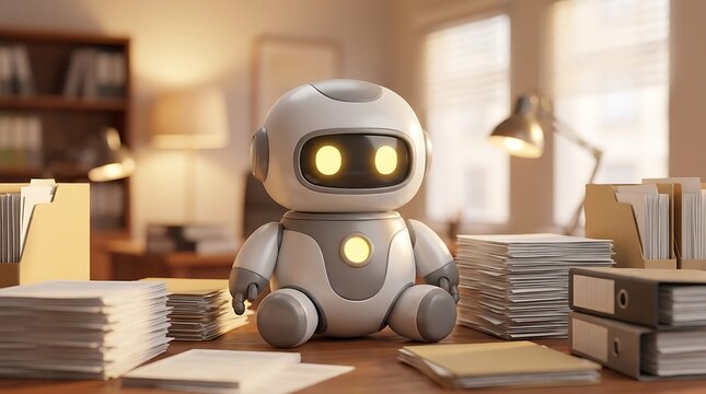 Cartoon robot sitting on desk with papers office