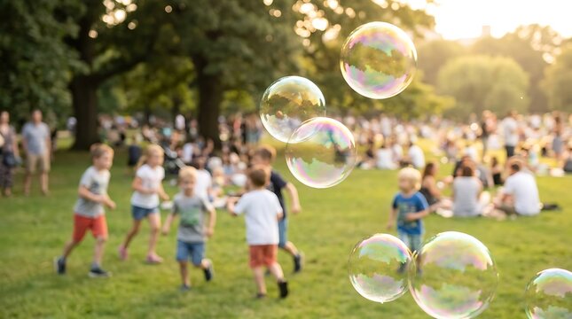Children playing with soap bubbles in a park kids