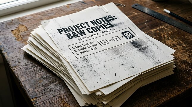 Stack of grainy black and white photocopy project notes on wood desk