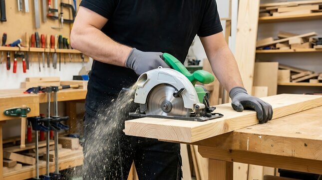 Carpenter cutting wood with circular saw in workshop