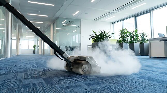 Carpet cleaning machine emitting steam in office steam cleaning