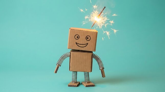 Cardboard robot with lit sparkler on head firework