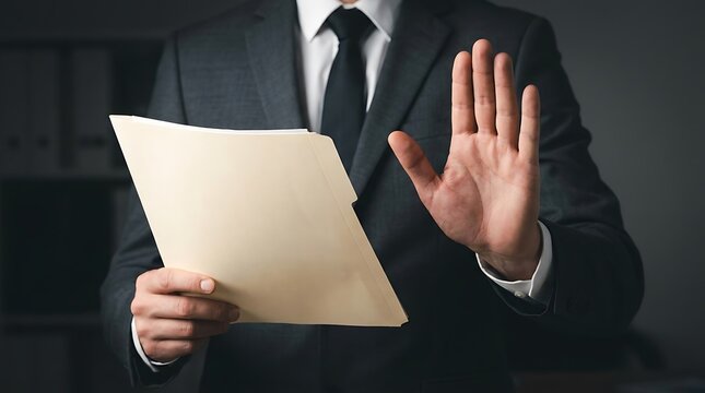Businessman holding folder with raised hand suit document