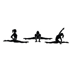 Obraz premium Vector illustration showing three black silhouettes of a female gymnast performing a front split a straddle split and a standing arabesque balance pose