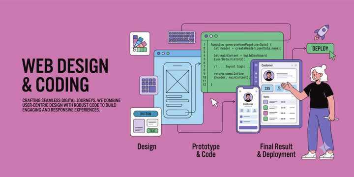 Web Design and Coding Process Concept Banner - Modern Flat Vector Illustration with Developer Presenting Wireframe, Code Script, Mobile App Prototype, and Final Deployment