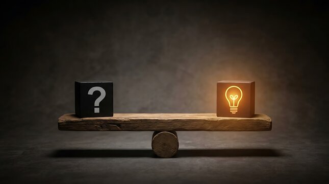 Balance scale with question mark and glowing light bulb