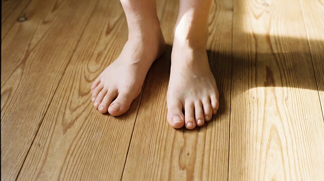 Bare feet standing on light wooden floor toes hardwood