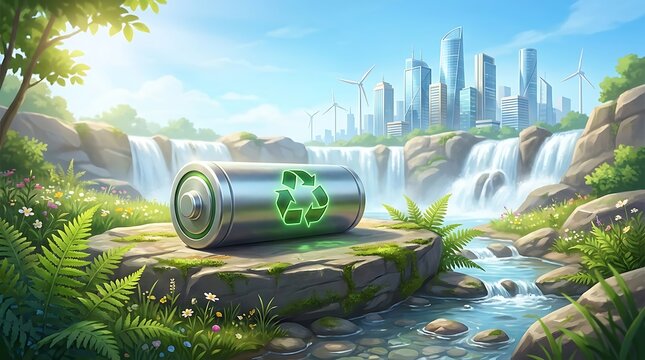 Battery with recycling symbol on rock by waterfall and city