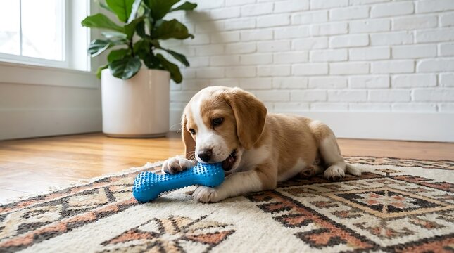 Beagle puppy chewing blue toy on patterned rug rubber toy