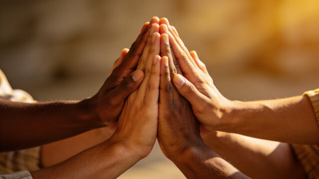 Diverse people joining hands together in a pyramid shape to symbolize unity and strong team support