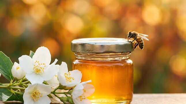 Bee on glass honey jar with white flowers