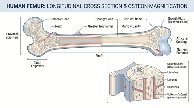 Anatomy of human femur showing cross section and osteon magnification