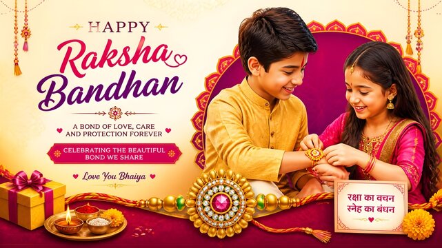 Happy Raksha Bandhan Indian festival of Brother and sister Rakhi vector poster