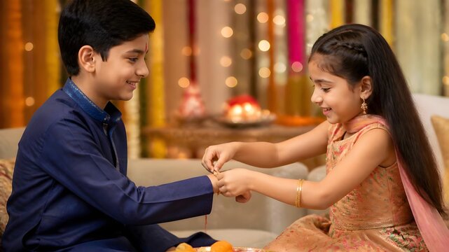 Indian sister tying rakhi on brother's wrist during raksha bandhan celebration, festival context, bokeh background.
