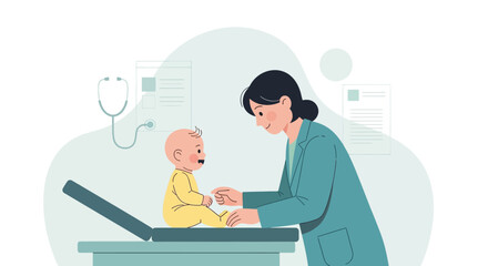 Fototapeta premium Doctor examining happy baby on medical examination table, illustration