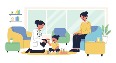 Fototapeta premium Doctor examining happy child in clinic, mother watching, bright illustration