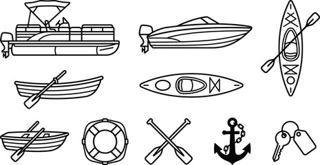 Pontoon Boat Speedboat Kayak and Rowboat Line Icon Set with Crossed Oars, Anchor, Lifebuoy, and Floating Key Fob Symbols for Marine Marine Recreation Designs © MdAshik