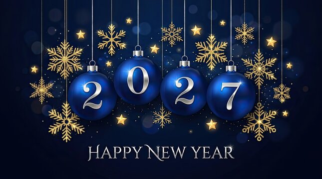 Festive blue and gold greeting card design for happy new year 2027 with hanging ornaments and snowflakes