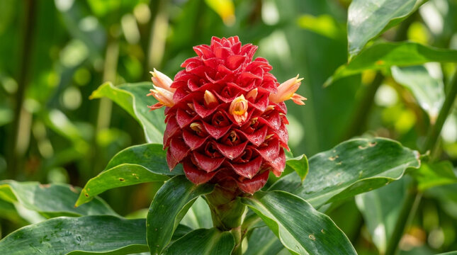 Bright red ginger flower cone with green leaves in soft focus background