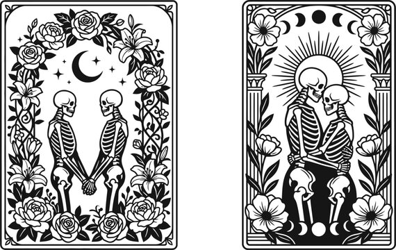Skeleton lovers tarot card vector illustration featuring mystical gothic artwork of romantic skeletons surrounded by celestial elements and intricate floral frame designs