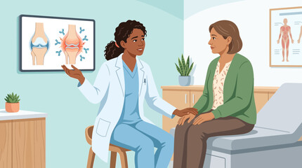 Fototapeta premium Doctor consulting patient about joint pain, illustration