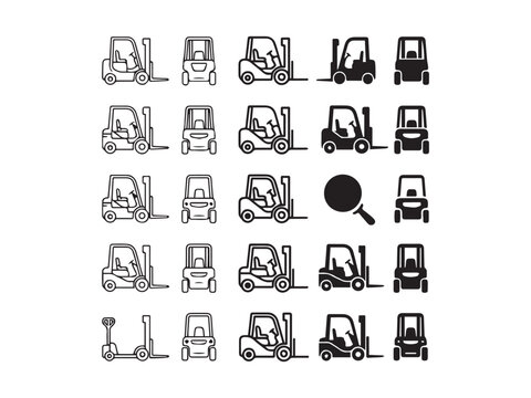 Forklift Icons And Delivery Truck Silhouettes On White Background