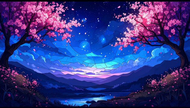 ガラス化した美く幻想的な風景画像、桜なアクセント