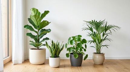 Fototapeta premium Indoor plants collection in modern pots by window, bright home decor