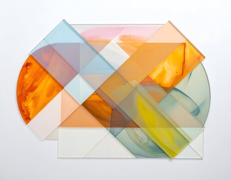An abstract geometric constructivist composition of overlapping colored translucent acrylic glass plates on white