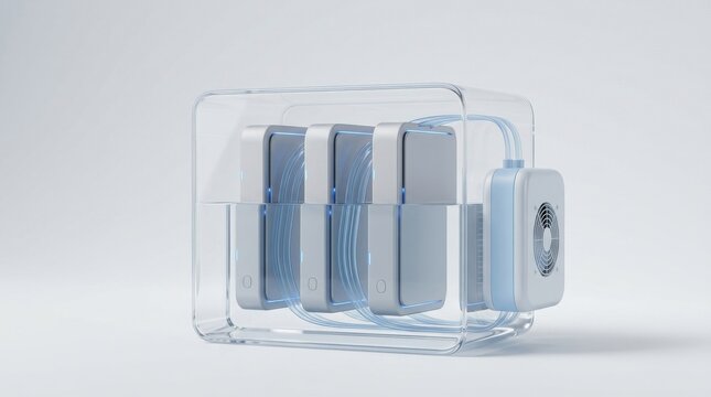 Data Center Cooling and Water Efficient AI Infrastructure, Transparent liquid cooling system for electronic components with submerged devices and an external fan unit on white ...