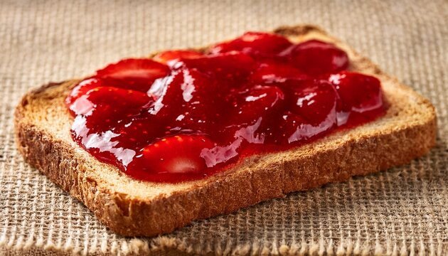 slice of bread with strawberry jam on a burlap surface