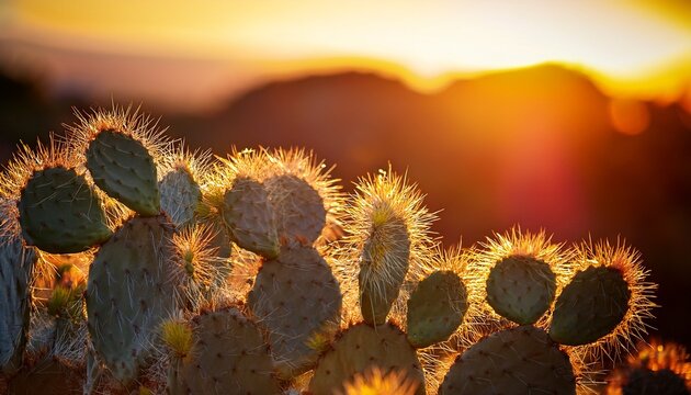 prickly pear cacti glowing with golden rim light at dusk artistic close up of succulents with thorns highlighted by warm sun botanical nature concept ideal for moody backgrounds and organic
