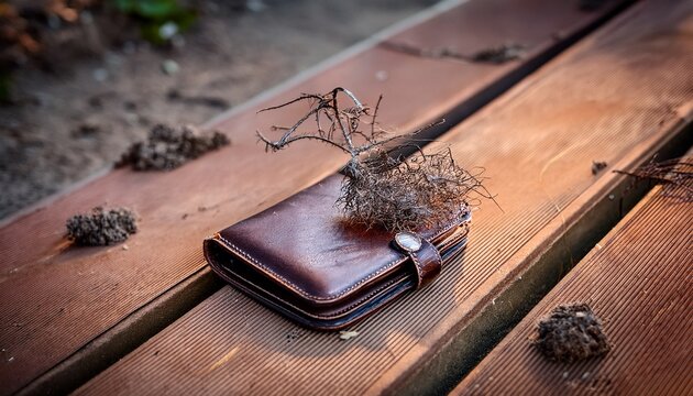 abandoned wallet in desolate urban backdrop with moth and disintegrating tumbleweed