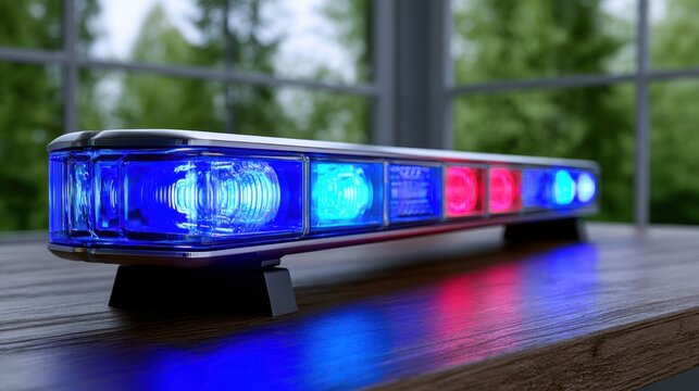 Police lightbar with blue and red lights sits on a wooden table near a window with a nature view