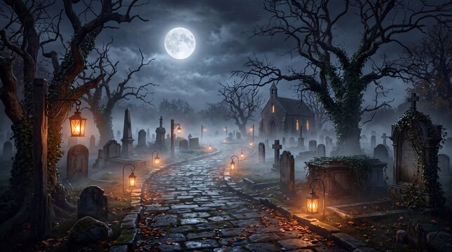 Spooky Halloween graveyard scene with full moon and lanterns.