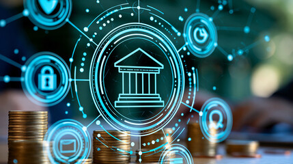 Fototapeta premium Digital banking infrastructure concept with secure transactions and network integration icons, financial services theme, defocused background, with copy space