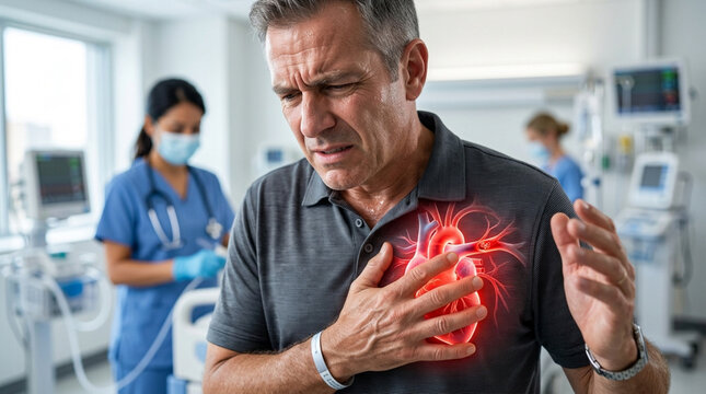 Man clutching chest in pain, heart attack symptom in hospital with medical staff