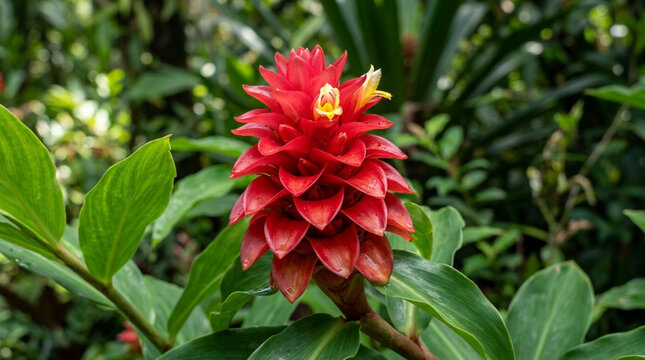 Vibrant red ginger flower in lush tropical foliage, close-up detail