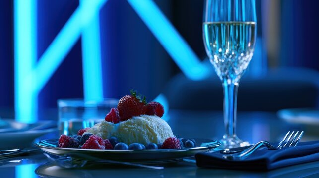 Dessert plate with berries, champagne glass, table setup in blue-lit elegant dining ambiance