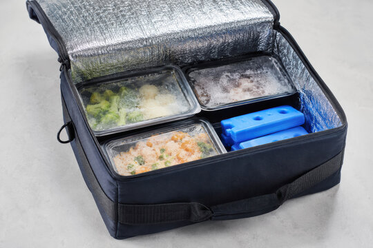 Insulated delivery bag with frozen meals and ice packs